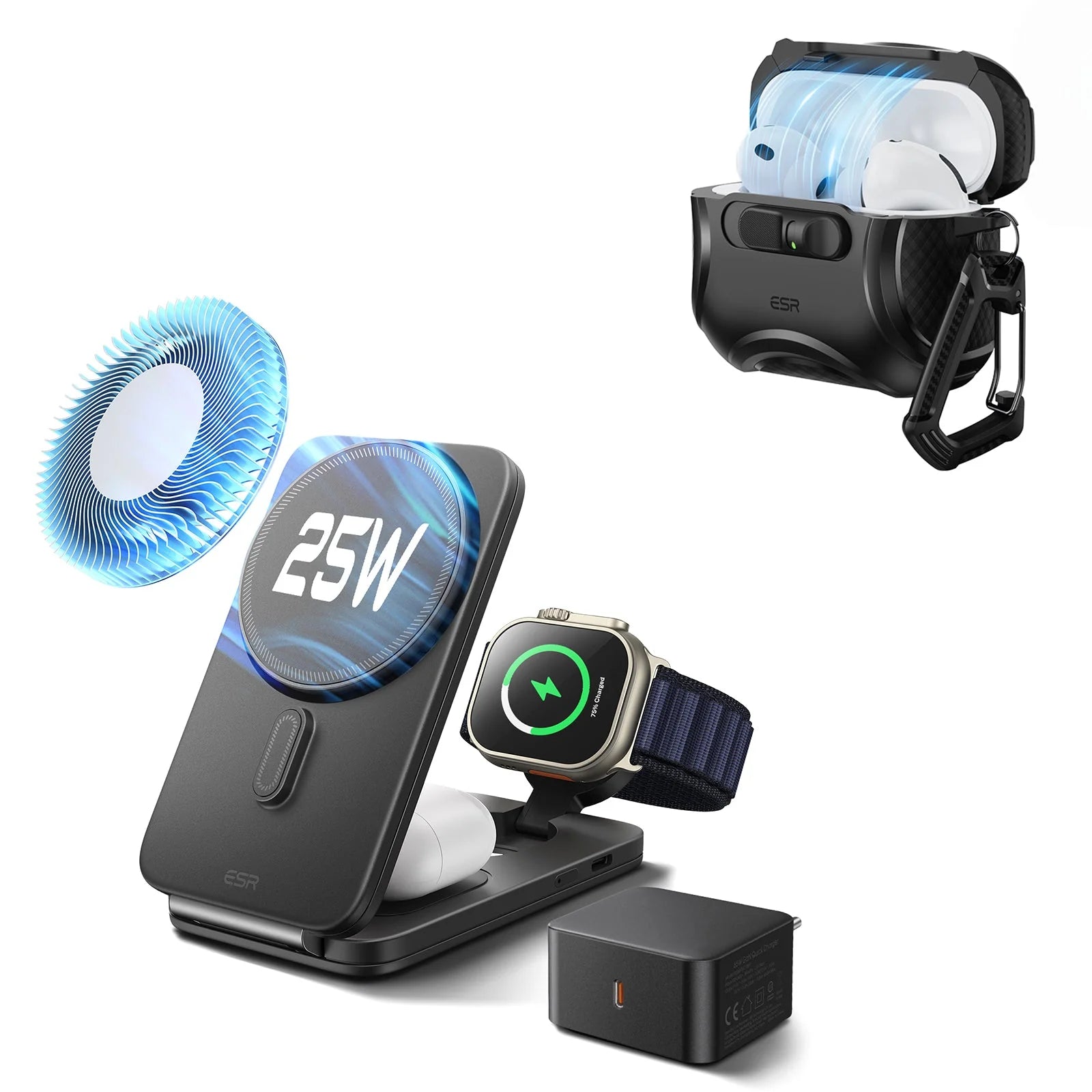 Station de charge magnétique pliable 3-en-1 CryoBoost (25 W) – US Plug-Black