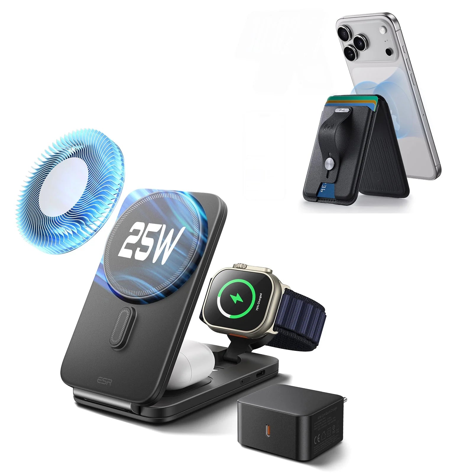Pack chargeur magnétique pliable 3-en-1 25 W CryoBoost et porte-cartes Geo avec support– Prise EU – Noir