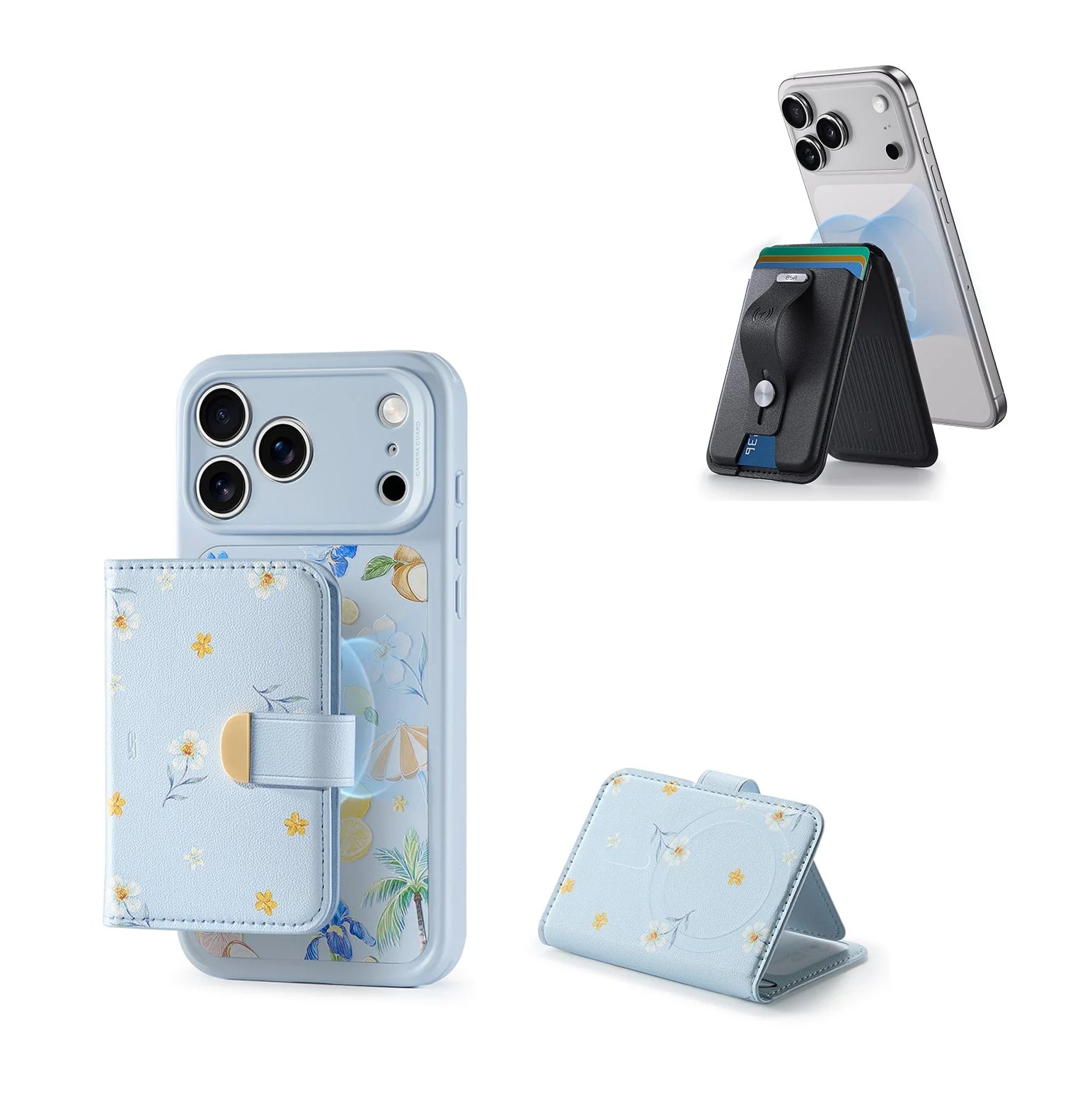 Pack porte-cartes magnétiques Clutch Aura et Geo avec support - Paradis tropical&Noir