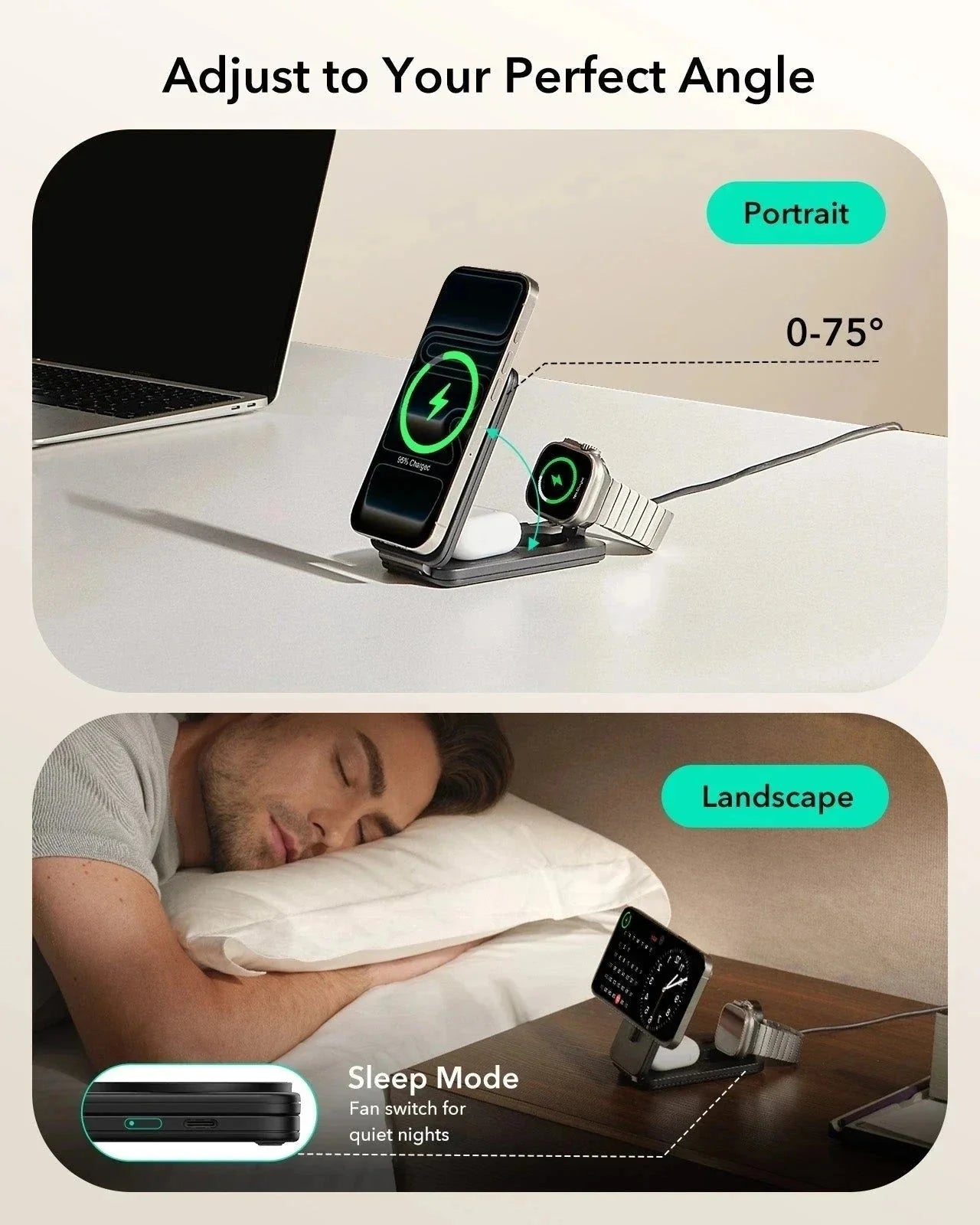 Pack chargeur magnétique pliable 3-en-1 25 W CryoBoost et porte-cartes Geo avec support– Prise EU – Noir