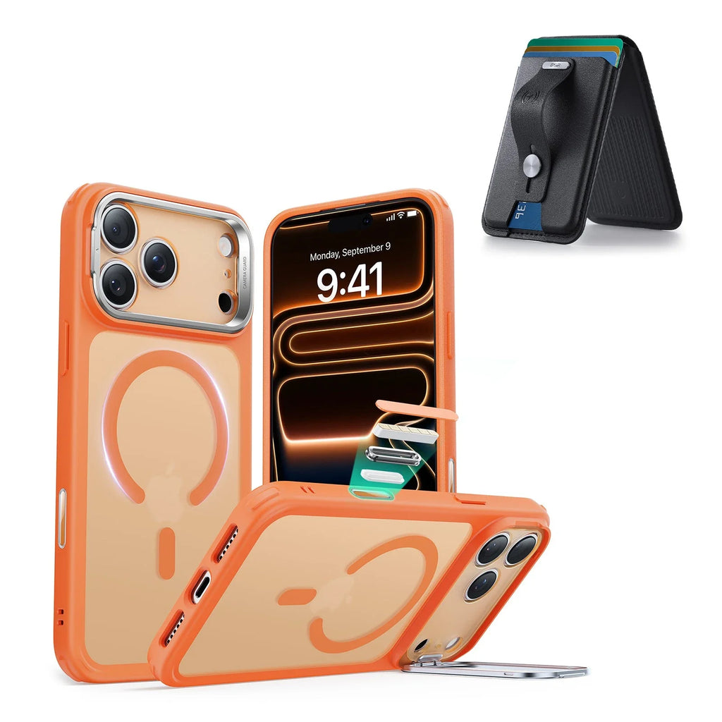 Coque magnétique hybride classique pour iPhone 17 Pro Max (commande de la caméra, support intégré) avec pack porte-cartes avec support - Frosted Orange